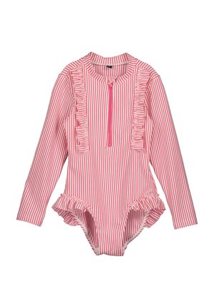 Kostium kąpielowy z długim rękawem w różowo-białe paski z falbankami wzdłuż przodu i dolnych krawędzi, wyposażony w zamek błyskawiczny z przodu.
