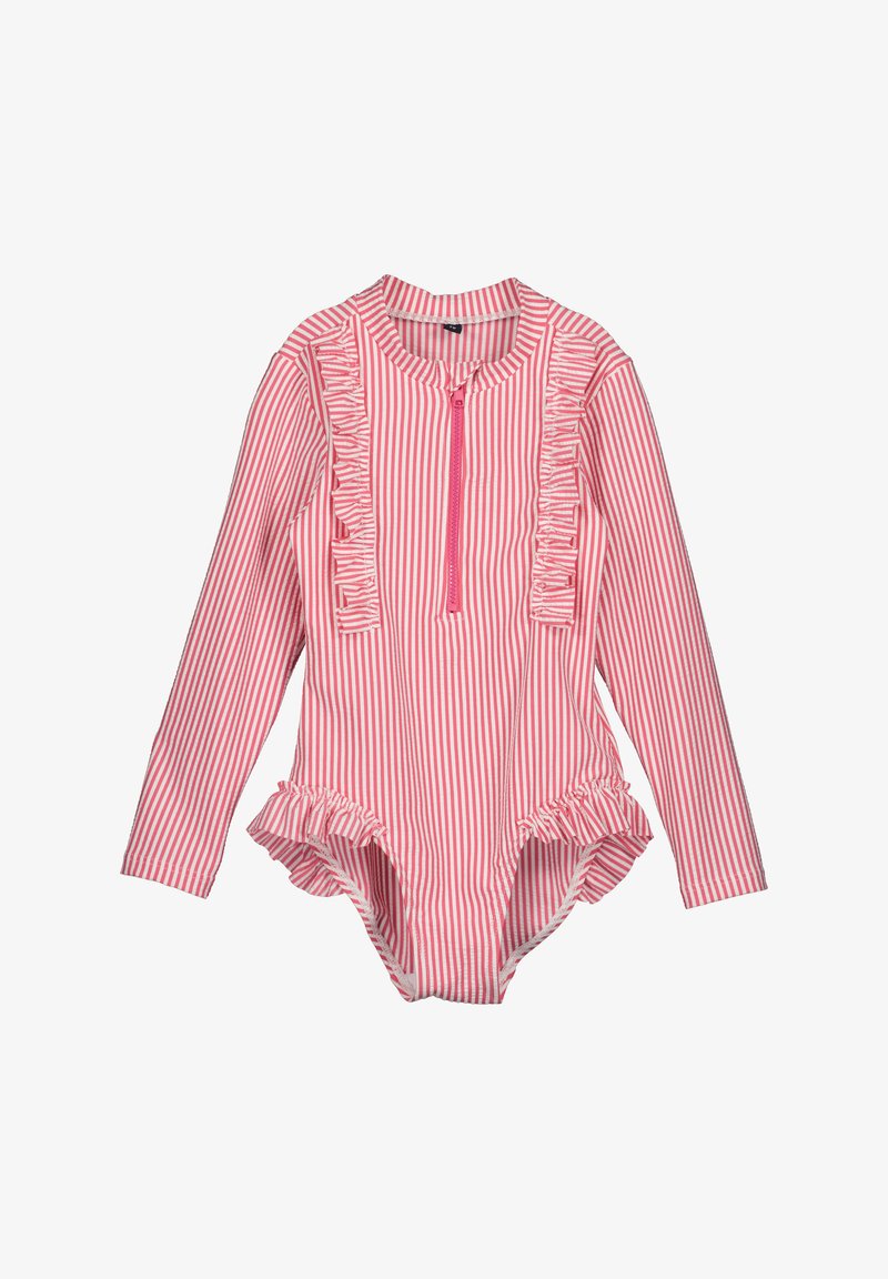 Costume da bagno a maniche lunghe a righe rosa e bianche con dettagli arricciati lungo il davanti e ai bordi inferiori, dotato di chiusura con zip nella parte anteriore.