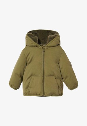 Pikowana zielona kurtka z kapturem, z zamkiem błyskawicznym z przodu i dwoma przednimi kieszeniami. Gładka powierzchnia z miękką, teksturowaną podszewką wewnętrzną.