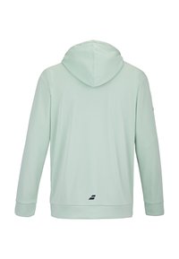 Mintgrøn hættetrøje med en glat overflade, en stor hætte, lange ærmer og logo-detalje nær kanten. Enkelt, tætsiddende design.