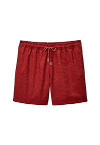 Shorts de bain rouges avec un motif texturé, taille élastique et cordon de serrage réglable. Présente un matériel contrastant aux extrémités du cordon de serrage.