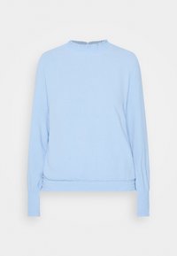 Maglietta a maniche lunghe di colore azzurro chiaro realizzata in tessuto testurizzato. Presenta un collo arricciato e polsini smock, con una vestibilità rilassata.