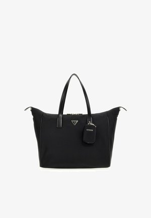 Zwarte grote schoudertas met dubbele handvatten, Guess-logo plaatje en een aangesloten klein ritstas tegen een witte achtergrond.