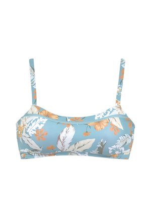 Light blue floral bikini top with orange and white flowers and leaves, thin adjustable shoulder straps, simple straight neckline.