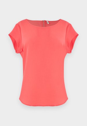 Korallivärvi lühikeste varrukatega topp ümarate kaelustega, sile tekstuur ja seljaosa tõmblukuga sulgemine. Lihtne, puhas disain kerge kumeriku äärisega.