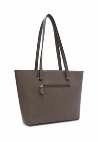 Grau Leder Tragetasche mit zwei langen Griffen, einer Reißverschlusstasche vorne und minimalistischem Design. Glatte Textur und strukturierte Form.