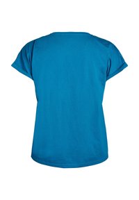 Turquoise t-shirt with a rounded neck, short sleeves, and a loose fit. Smooth cotton material, no patterns or visible hardware.