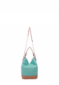 Un sac en toile turquoise avec une base en cuir rose, présentant une ouverture de type pincée et des poignées doubles avec des accents en métal.