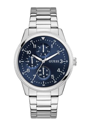 Montre-bracelet en métal argenté avec un cadran bleu, trois sous-cadrans indiquant les heures 24, le jour et les secondes, et des aiguilles des heures et des minutes argentées.