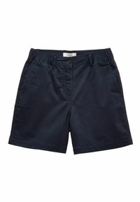 Marineblaue Baumwollshorts mit lockerem Schnitt, ausgestattet mit einem elastischen Bund und vorderer Knopfverschluss. Keine sichtbaren Muster oder Akzente.