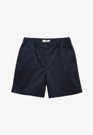 Marineblaue Baumwollshorts mit lockerem Schnitt, ausgestattet mit einem elastischen Bund und vorderer Knopfverschluss. Keine sichtbaren Muster oder Akzente.