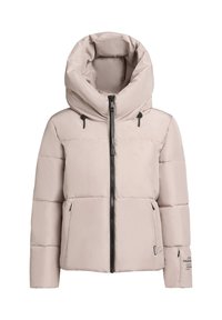 Leichte beige gepolsterte Jacke mit Kapuze. Verfügt über einen Reißverschluss vorne, zwei seitliche Taschen und einen Text auf dem linken Ärmel. Glatte Textur.