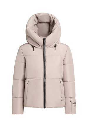 Padded jacket in light beige with a hood. Features a front zipper, two side pockets, and text detail on the left sleeve. Smooth texture.