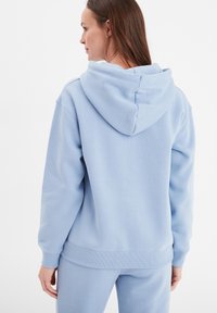 Blaue Baumwoll-Hoodie mit Kordelzugkapuze, gerippten Bündchen und Saum. Weicher Stoff, lässige Passform und minimalistisches Design.
