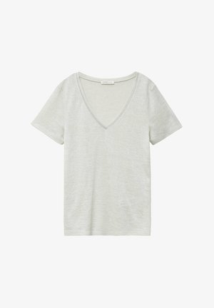 T-shirt grigio chiaro a maniche corte con scollo a V, realizzata in tessuto morbido e strutturato, con etichetta del marchio visibile all'interno del collo.