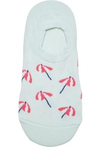 Chaussette de cheville vert menthe clair présentant un motif de parapluies roses avec des poignées bleues. Texture lisse avec une ouverture élastiquée pour un bon ajustement.