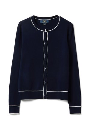 Marineblauwe cardigan met witte biezen langs de kraag, knopenrij, manchetten en zoom, voorzien van een ronde hals en knoopsluiting aan de voorkant.