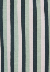 Knitted fabric featuring vertical stripes in dark green, light green, and white. The texture is smooth and ribbed, with a consistent pattern.