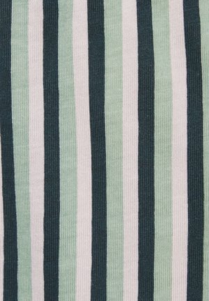 Knitted fabric featuring vertical stripes in dark green, light green, and white. The texture is smooth and ribbed, with a consistent pattern.