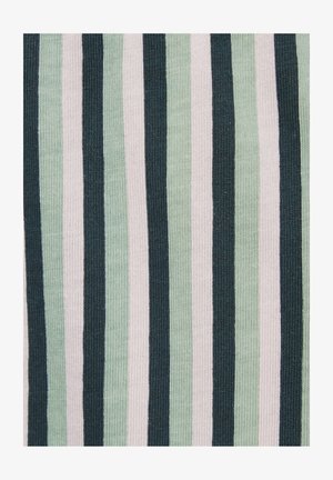 Knitted fabric featuring vertical stripes in dark green, light green, and white. The texture is smooth and ribbed, with a consistent pattern.