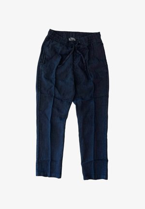 Pantaloni in lino navy scuro con elastico in vita e cordoncino, dotati di tasche laterali e design a gamba dritta. Tessuto morbido.