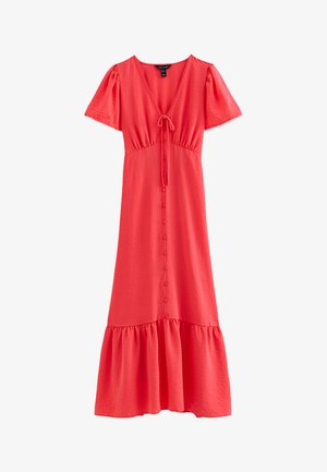 Koraalrode midi-jurk met korte pofmouwen, V-hals, strik aan de voorkant, knoopsluiting, getailleerde taille en een gerimpelde zoom.