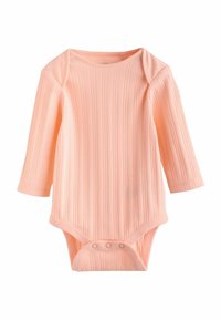 Pika varrukaga bodi pehme virsiku värvi soonikkoes kangast, millel on ümar kaelus ja allosas kinnitused hõlpsaks riietumiseks.