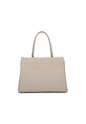 Borsa tote in pelle beige con superficie texturizzata, due manici superiori e accessori in tono oro. Caratterizzata da un design strutturato e branding minimale.