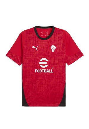 Rød fodboldtrøje med sort krave, prydet med et struktureret mønster, hvidt logo og fed skrift "FODBOLD" på fronten.