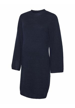 Marineblauwe trui jurk met lange mouwen, ronde halslijn, gebreide textuur, zijsplitten aan de zoom en een effen kleur ontwerp zonder patronen of hardware.