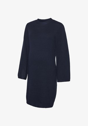 Marineblauwe trui jurk met lange mouwen, ronde halslijn, gebreide textuur, zijsplitten aan de zoom en een effen kleur ontwerp zonder patronen of hardware.