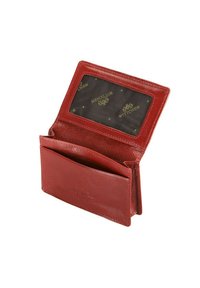 Portafoglio in pelle rossa con design aperto, dotato di una finestra trasparente per l'ID e uno slot per la carta. L'interno è foderato con un tessuto con il logo WITTCHEN.