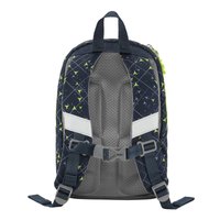 Backpack with a navy fabric featuring a geometric pattern in bright green. Gray mesh padding on back, adjustable straps, and a buckle closure.