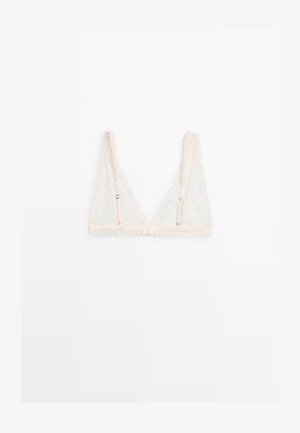 Ungepolsterter Bralette aus hellrosa Spitze mit dreieckiger Form, verstellbaren Trägern und einem beschnittenen Design mit Häkchenverschluss.