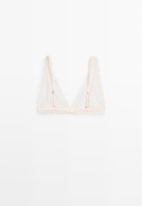 Niet-gevulde bralette in lichtroze kant, met een driehoekige vorm, verstelbare banden en een afgewerkt ontwerp met een haaksluiting.