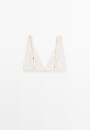 Bralette non rembourré en dentelle rose clair, présentant une forme triangulaire, des bretelles réglables et un design agrémenté d'une fermeture par crochet.