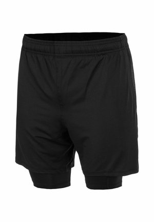 Shorts de sport noirs pour hommes avec doublure de compression intégrée, taille élastique et coupe décontractée conçus pour le sport et l'entraînement.