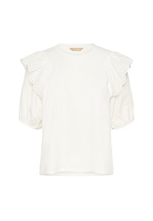 Wit katoenen t-shirt met pofmouwen. Oogjeskant langs de schoudernaden. Ronde halslijn en een losse pasvorm. Zachte textuur.