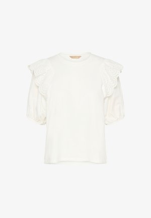 Valge puuvillane t-särk puff-varrukatega. Õlgade õmblustel on augulise pitsi ääris. Ümar kaelus ja lõdvestunud istuvus. Pehme tekstuur.