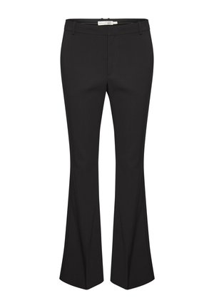 Pantaloni neri a campana in tessuto morbido, con un girovita a media altezza, tasche laterali e una piega frontale per un aspetto sartoriale.
