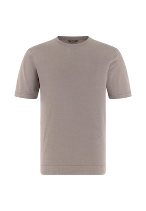 Lyhythihainen beige pyöreäkauluksinen neulottu t-paita, jossa on resorikaulus ja sileä pinta, esillä valkoisella taustalla.