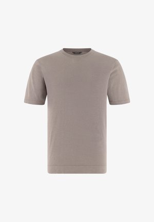 Camiseta de punto beige de manga corta con cuello redondo acanalado y textura suave, mostrada sobre un fondo blanco.