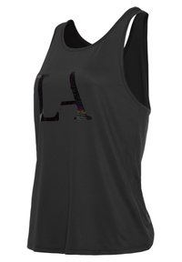 Schwarzes sportliches Tanktop mit Rundhalsausschnitt, seitlichen Ausschnitten und einem glänzenden "LA"-Grafikdruck auf der Vorderseite. Hergestellt aus leichtem, atmungsaktivem Stoff.