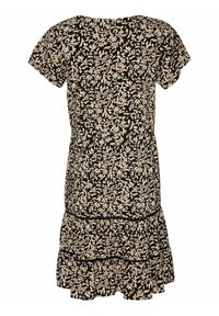 Robe noire à manches courtes, ornée d'un motif floral beige et crème. Ourlet à volants en cascade, tissu léger, encolure ronde.