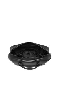 Bolsa de ordenador portátil de cuero negro con cierre de cremallera, que cuenta con múltiples compartimentos interiores y bolsillos organizadores para accesorios.
