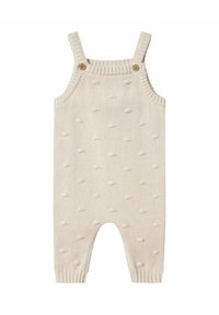 Pletena romper u krem boji s teksturiranim bobble uzorkom. Ima podešavanje naramenica i drvene gumbe kao detalje. Rebrasti manžeti i otvoreni donji dizajn.