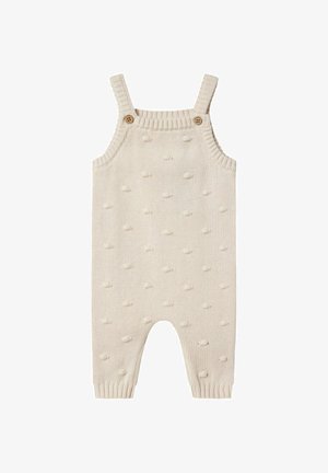 Kardigan w kolorze kremowym z teksturowanym wzorem w bobble. Zawiera regulowane ramiączka i drewniane guziki jako akcenty. Skórzane mankiety i otwarty dół.