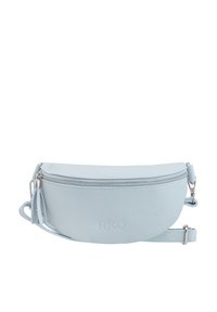 Borsa a tracolla in pelle di colore azzurro chiaro con forma arrotondata, chiusura con zip, dettaglio con frangia e logo impresso sul davanti. Cinghia regolabile inclusa.