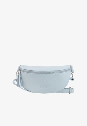 Hellblaues Leder-Crossbody-Bag mit runder Form, Reißverschlussverschluss, Quasten-Detail und geprägtem Logo auf der Vorderseite. Verstellbarer Gurt inklusive.