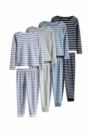 Vier Sets langärmeliger gestreifter Pyjamas in Weiß, Grau, Blau und Schwarz, jeweils mit passenden Hosen nebeneinander angeordnet.
